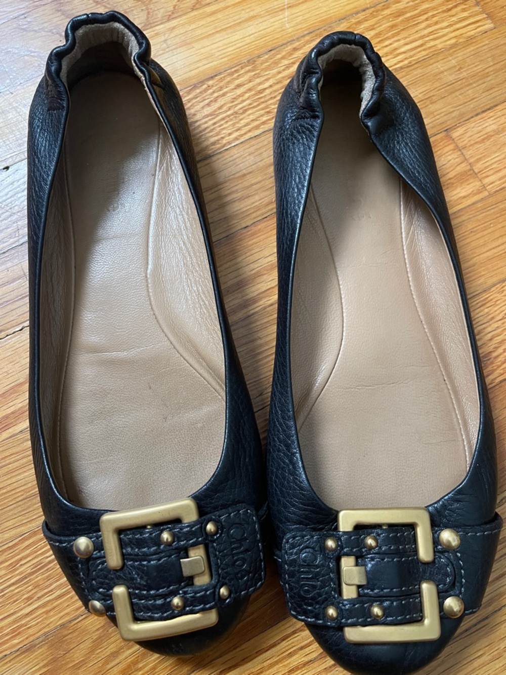 Chloe Black Leather Ballet Flats with Gold Buckle Accents - Picture 3 of 6